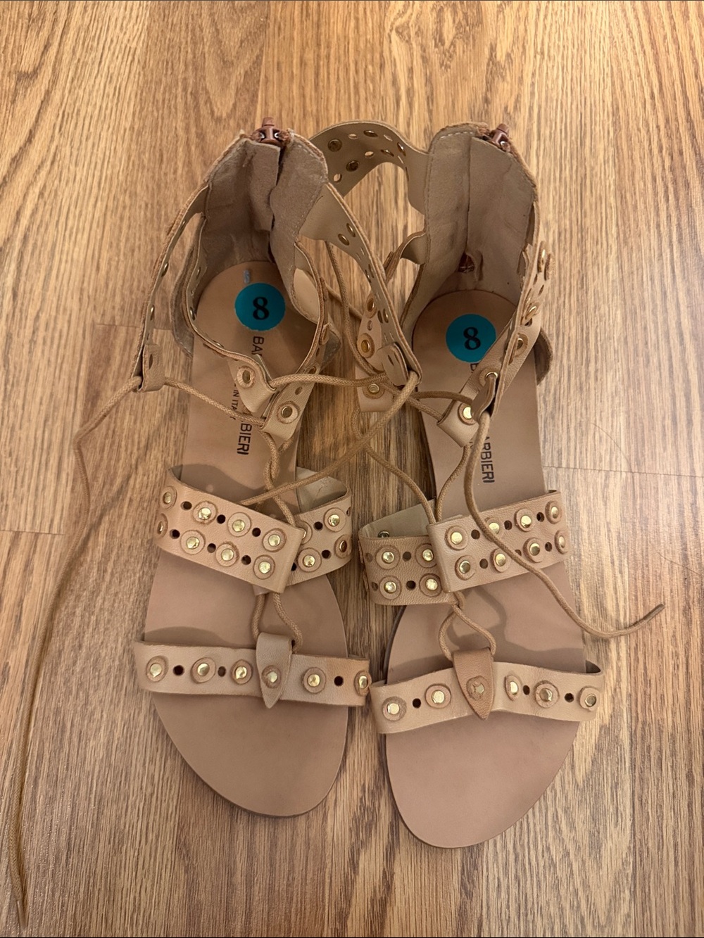 Lace-Up Studded Gladiator Sandals in Nude
